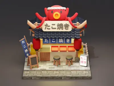 Japanese Takoyaki Stall - Cartoon Game Isometric Low-poly 3D model