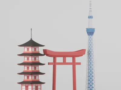 Model of Japanese Pagoda Temple gate and modern Tower 3D model