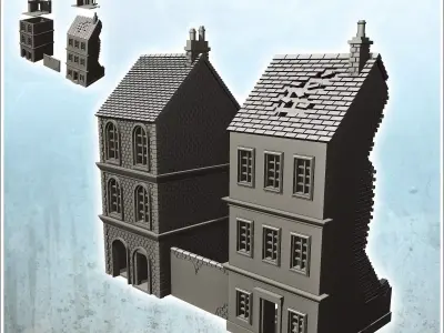 Set of two ruined two-storey buildings with low partition wall 2 3D print model