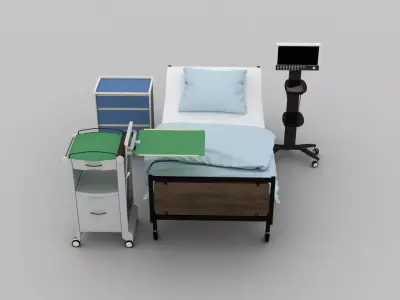 Wheel Hospital Bed and Accessories 3D model