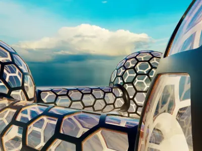 3 glass hexagon sci fi spherical domes with walkway 3D model