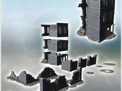 Ruined brick wall with collapsed roof sections and scattered deb 3D print model