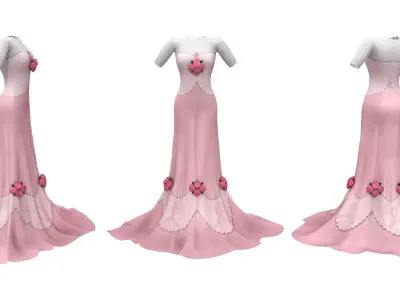 Roses Elegant Floor Length Gown Low-poly 3D model
