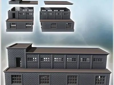 Modern industrial brick building with flat roofs large access do 3D print model