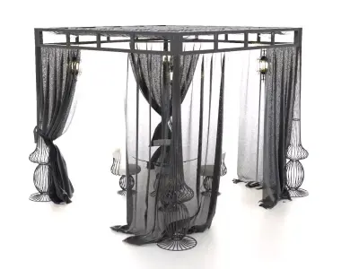 Patio Set with Curtains and Hanging Lanterns 3D model