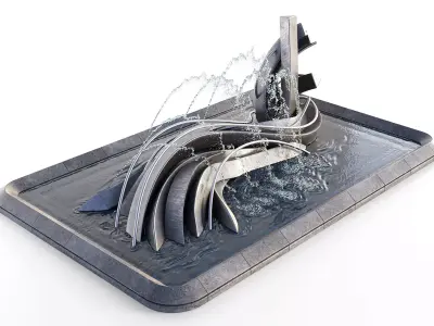 Pond with Metallic Sculpture and Fountains 3D model