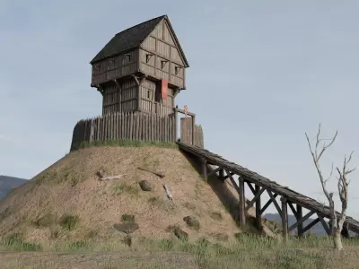 Early Medieval Norman Wooden Donjon Motte-and-Bailey Keep Low-poly 3D model