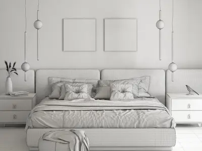 blue and gray velvet bed - bedroom 3d scene 3D model