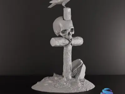  Gothic Cross  Skull  and Crow Diorama STL 3 Sizes Pre-supported 3D print model