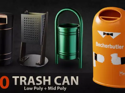 10 Trashcan Basemesh Lowpoly Midpoly gameready Low-poly 3D model