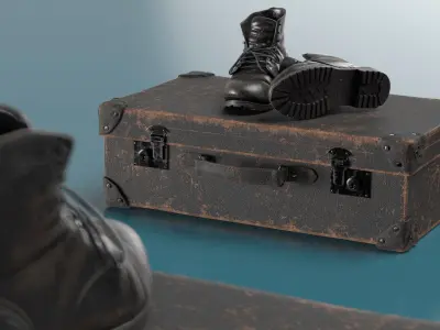  Leather Combat Boots On Vintage Suitcase Black Used 