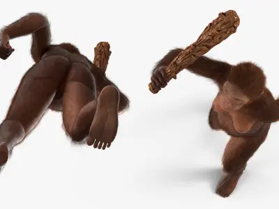  Prehistoric Hominid with Wooden Club in Attack Pose Fur for Maya 