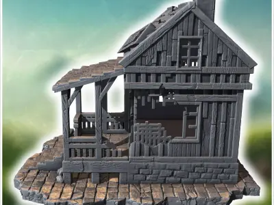 Wooden bar with a large porch broken windows damaged roof shingl 3D print model
