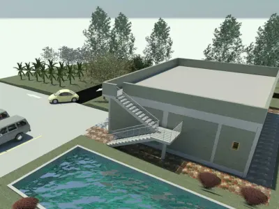 Resort house with swimming pool and parking and garden in Revit 3D model