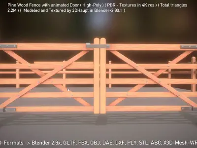 Pine Wood Fence with animated Door - High-Poly Version 3D model