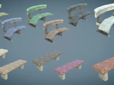 Bus Stop and Benches Low-poly 3D model