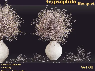 Minimal Gypsophila Bouquet in Textured Clay Vase 3D model