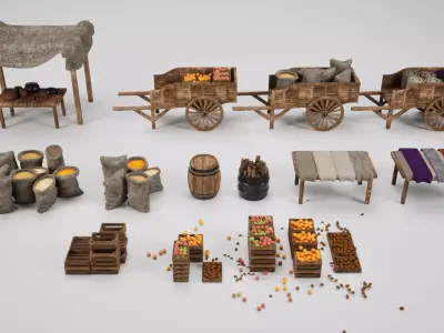 Medieval Market Bazaar Props Kit Low-poly 3D model