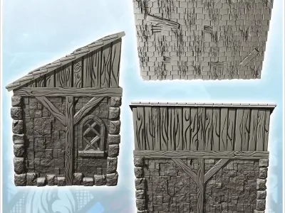 Stone half-timbered annex with large wooden door and tile roof 1 3D print model
