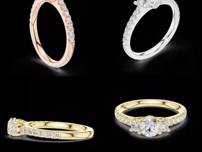 Three Stone Diamond Engagement Ring CAD Model with Pave Band 3D print model