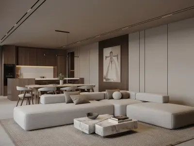 AR-25052 Moonlit Villa - Livingroom-Dining-Kitchen 3D Scene 3D model