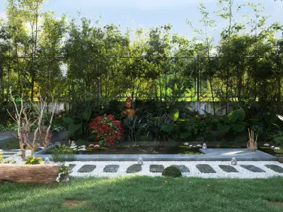 gardenhouse garden with fire pit in middle 3D model