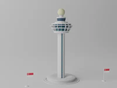 Cartoon Singapore Changi Airport Control Tower Low-poly 3D model