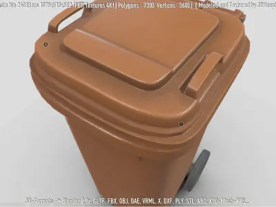 Brown plastic waste bin 240 liters 1075x515x582 Low-poly 3D model