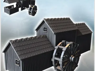 Rural water mill with a three-part building and a wooden wheel 3 3D print model