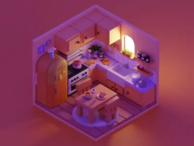 Interior Kitchen Room with Furniture and Kitchen Item Pack Low-poly 3D model