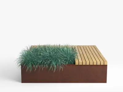 Flowerbed wooden bench with grass 3D model