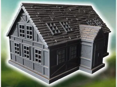 Large wooden house with dormer windows a stone staircase and vis 3D print model