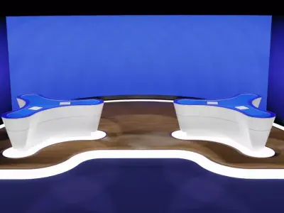 Blue studio with tables and canvas and lighting 3D model