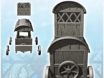 Merchant caravan on wooden wheels with terrace 1 - Medieval Goth 3D print model