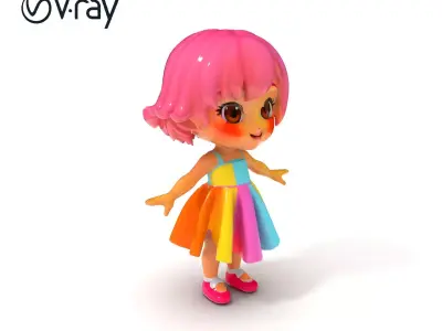 Rainbow Dress Chibi Girl D Character with Pink Hair Low-poly 3D model