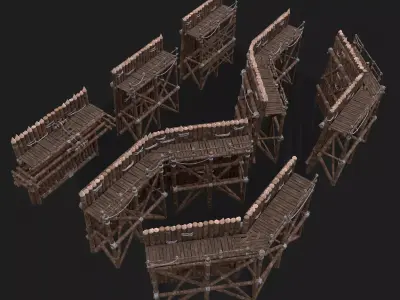 Medieval Style Guarded Modular Walls Low-poly 3D model