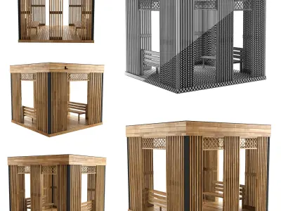 Gazebos set wooden gazebo with benches and tables 3D model