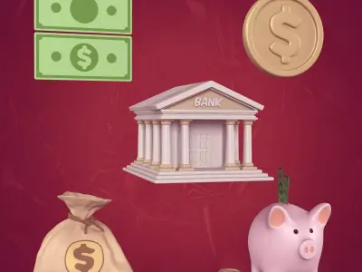 Cartoon Business Icons -- Dollar Money Bag Piggy Bank Bill Coin Low-poly 3D model