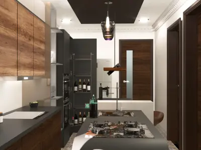 kitchen modern with wooden cabinets and counter tops Free low-poly 3D model