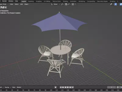 Parasol with 4 rattan seats 3D model