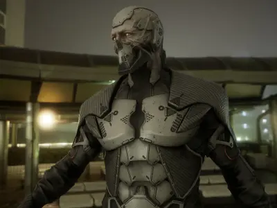 Cyborg futuristic man in field Low-poly 3D model