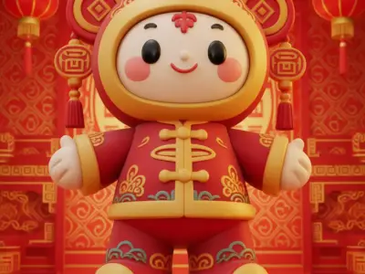 Cute Cartoon Chinese New Year Character Festive Red Toy Low-poly 3D model