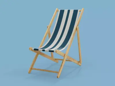 Wooden Folding Beach Chair with Blue and White Striped Seat 3D model
