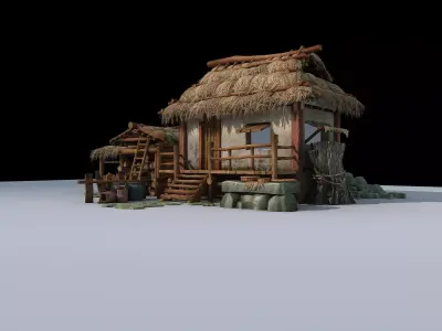 Cottages and thatched huts  Grass-roofed earthen houses 3D model
