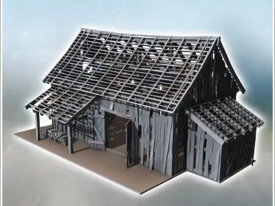 Ruined wooden building with exposed framework side annex and lar 3D print model