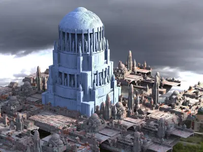 Naboo Inspired tower 3 with city blocks Kitbash 3D model