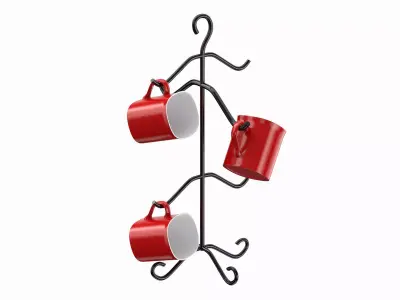 Mug Tree Stand With Red Mugs 3D model