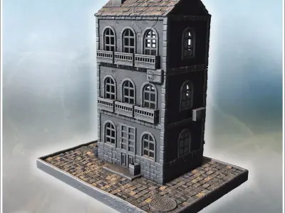 Elegant brick building with arched windows balconies rooftop chi 3D print model