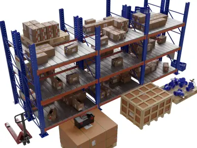 Realistic 3D model of Warehouse Shelf with Pallets Boxes 3D model