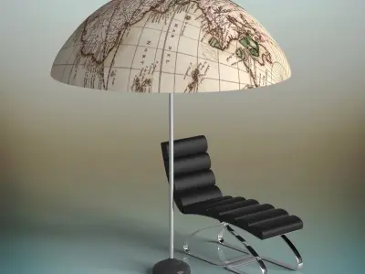 Parasol-sunbed lounge chair under umbrella with map 3D model